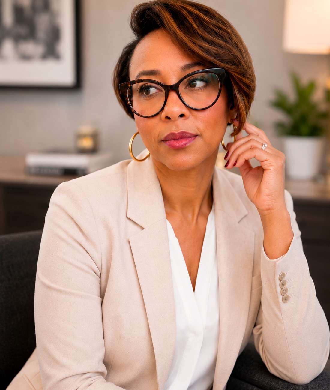 Stephanie Nesbitt in a cream blazer looking thoughtfully to the side.